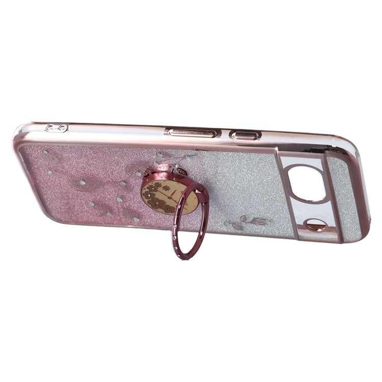 KADEM For Google Pixel 8a Case Ring Kickstand TPU Flowers Phone Cover Gradient Glitter - Rose Gold