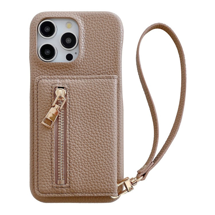 For iPhone 16 Pro Case Card Slots Kickstand PU Leather Back Cover with Zipper Pocket, Wrist Strap - Light Brown