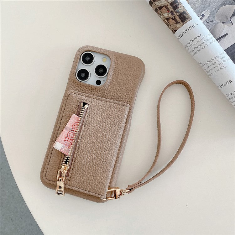 For iPhone 16 Pro Case Card Slots Kickstand PU Leather Back Cover with Zipper Pocket, Wrist Strap - Light Brown
