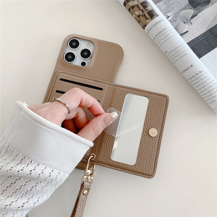 For iPhone 16 Pro Case Card Slots Kickstand PU Leather Back Cover with Zipper Pocket, Wrist Strap - Light Brown