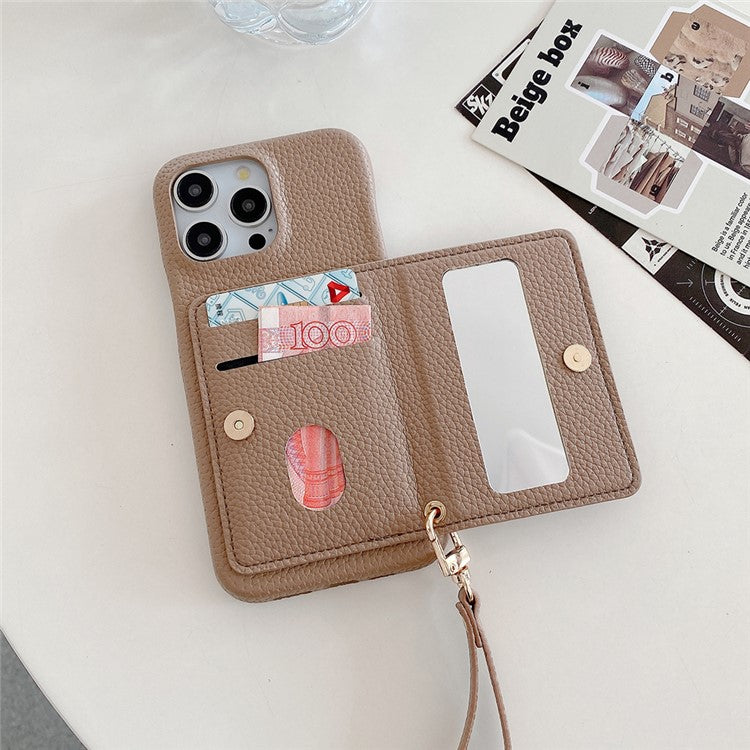 For iPhone 16 Pro Case Card Slots Kickstand PU Leather Back Cover with Zipper Pocket, Wrist Strap - Light Brown