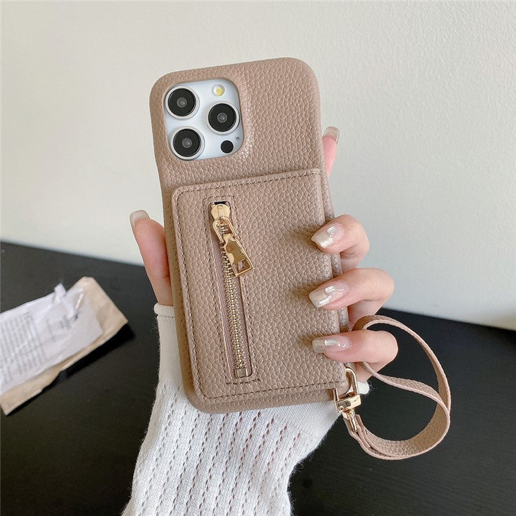 For iPhone 16 Pro Case Card Slots Kickstand PU Leather Back Cover with Zipper Pocket, Wrist Strap - Light Brown
