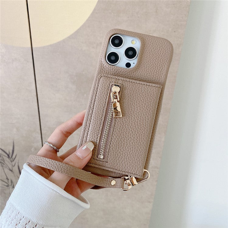 For iPhone 16 Pro Case Card Slots Kickstand PU Leather Back Cover with Zipper Pocket, Wrist Strap - Light Brown