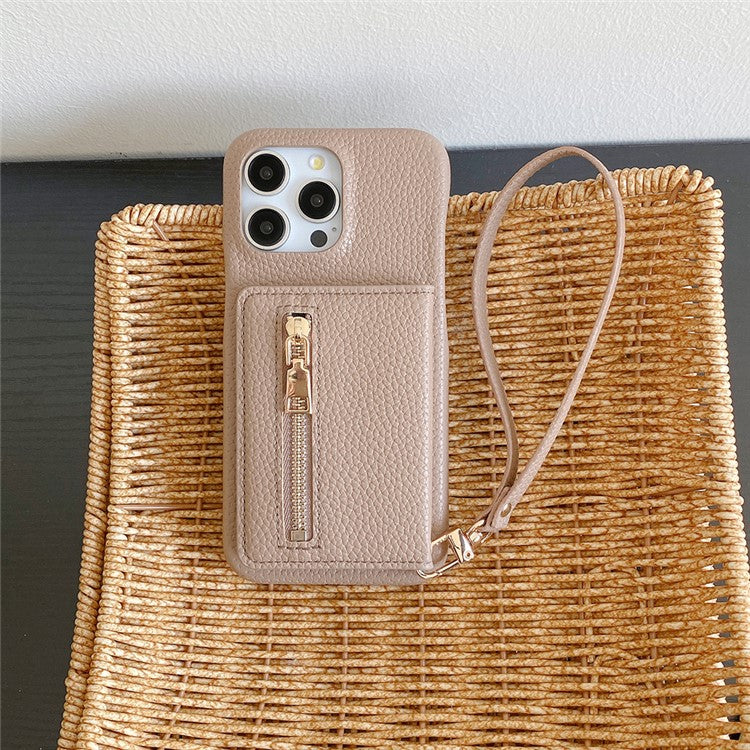 For iPhone 16 Pro Case Card Slots Kickstand PU Leather Back Cover with Zipper Pocket, Wrist Strap - Light Brown