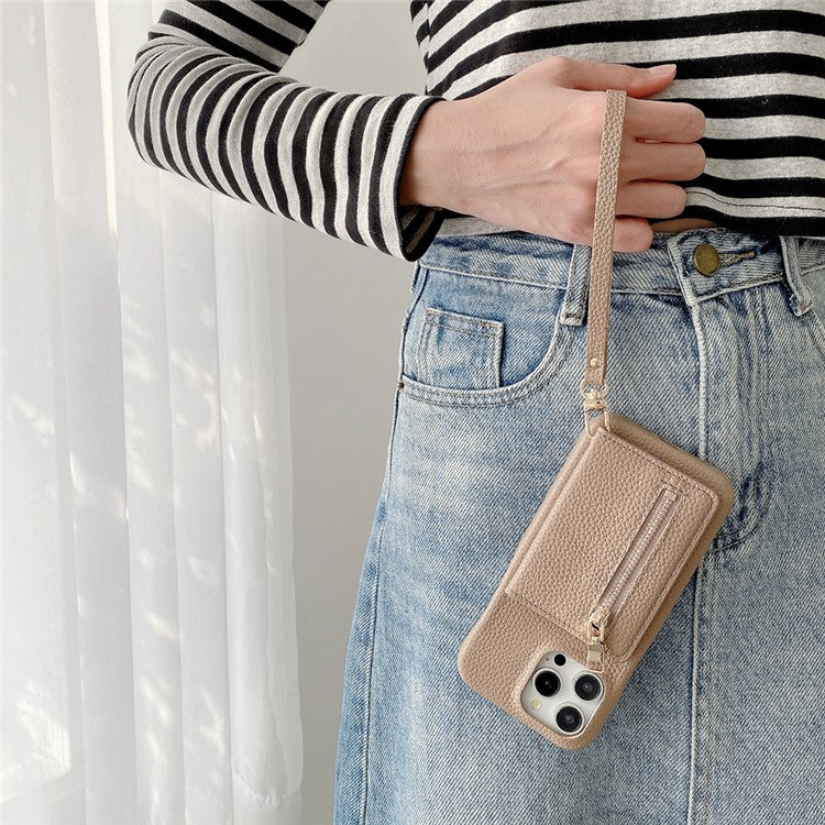 For iPhone 16 Pro Case Card Slots Kickstand PU Leather Back Cover with Zipper Pocket, Wrist Strap - Light Brown