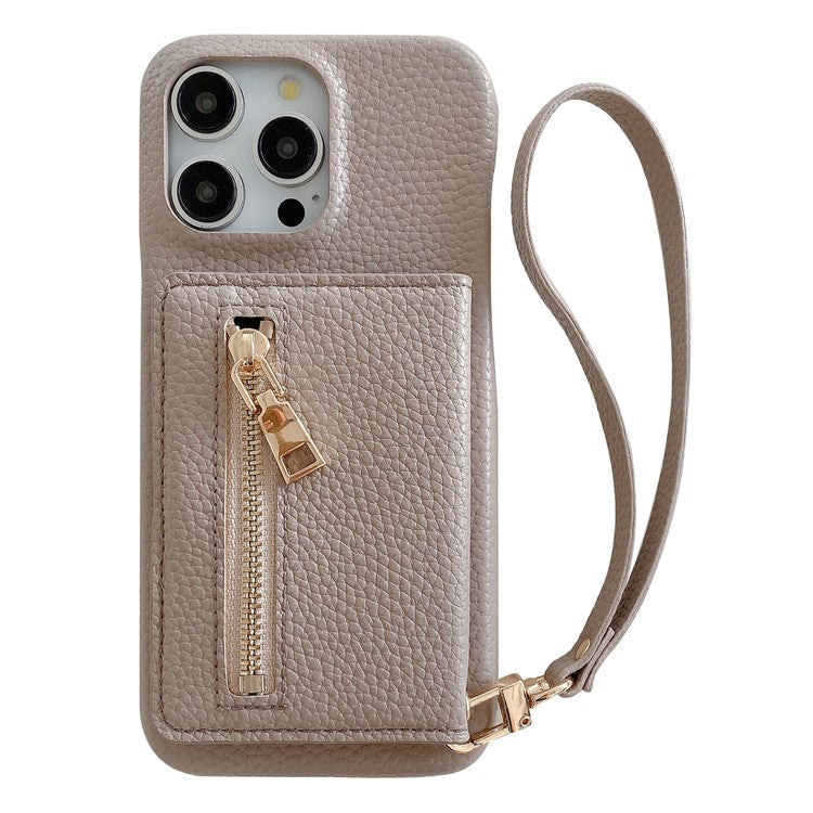 For iPhone 16 Pro Case Card Slots Kickstand PU Leather Back Cover with Zipper Pocket, Wrist Strap - Grey