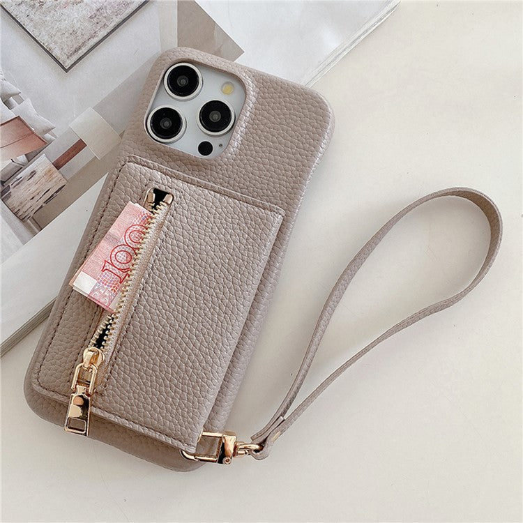 For iPhone 16 Pro Case Card Slots Kickstand PU Leather Back Cover with Zipper Pocket, Wrist Strap - Grey