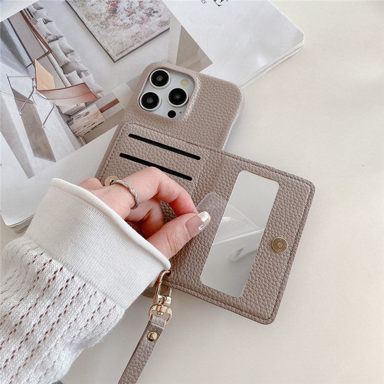 For iPhone 16 Pro Case Card Slots Kickstand PU Leather Back Cover with Zipper Pocket, Wrist Strap - Grey