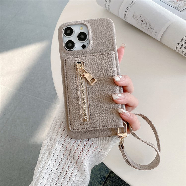 For iPhone 16 Pro Case Card Slots Kickstand PU Leather Back Cover with Zipper Pocket, Wrist Strap - Grey