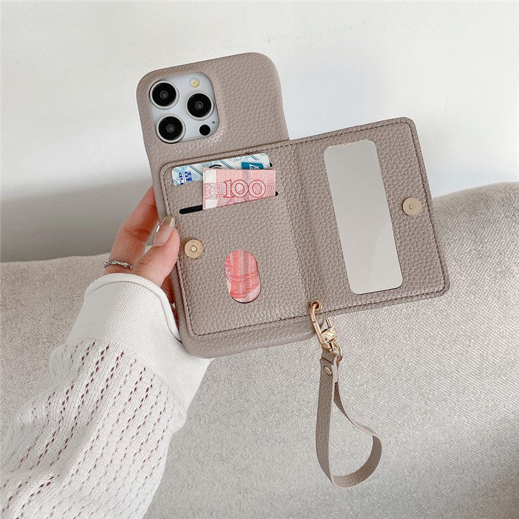 For iPhone 16 Pro Case Card Slots Kickstand PU Leather Back Cover with Zipper Pocket, Wrist Strap - Grey