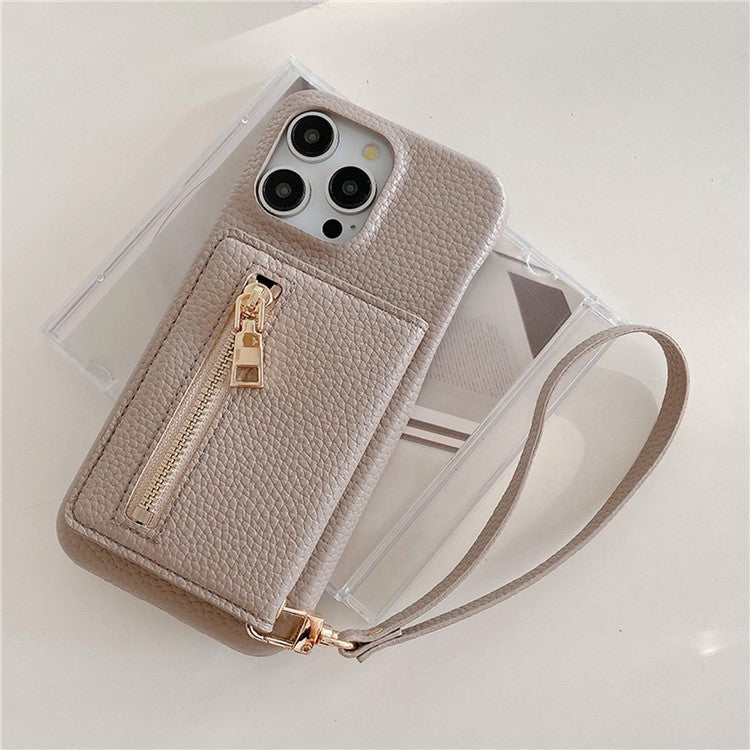For iPhone 16 Pro Case Card Slots Kickstand PU Leather Back Cover with Zipper Pocket, Wrist Strap - Grey
