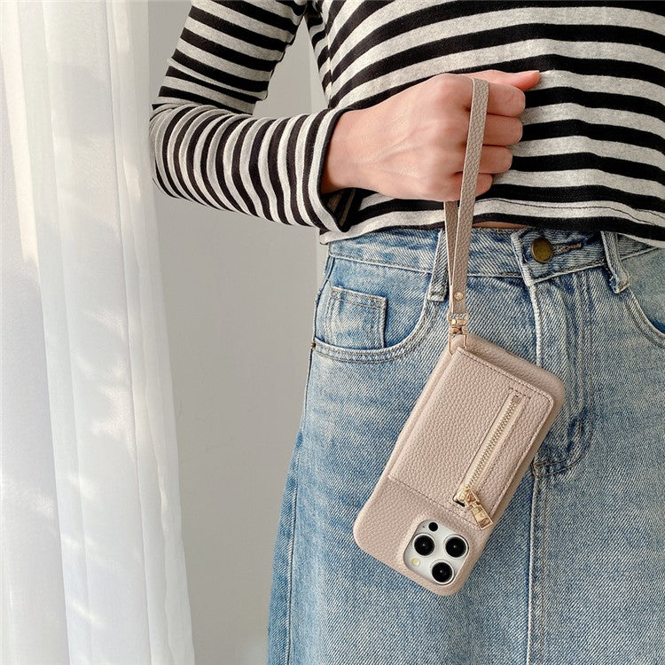 For iPhone 16 Pro Case Card Slots Kickstand PU Leather Back Cover with Zipper Pocket, Wrist Strap - Grey