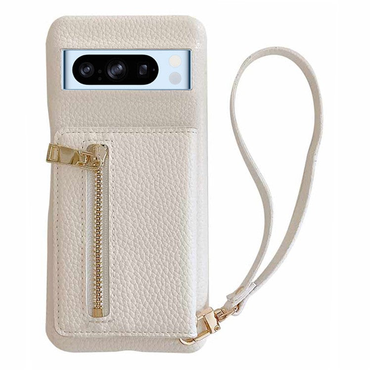 For Google Pixel 8 Pro Case Card Slots Kickstand PU Leather Back Cover with Zipper Pocket, Wrist Strap - White