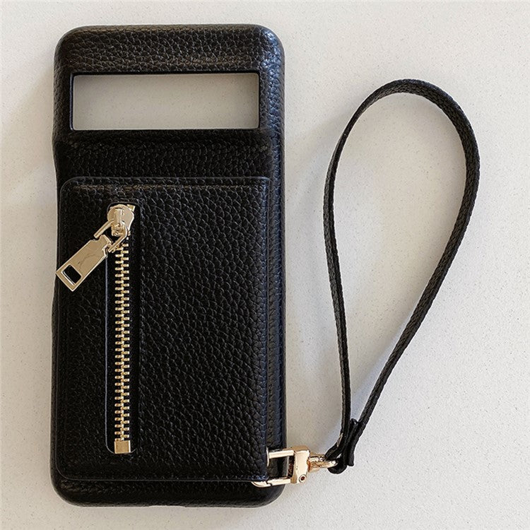 For Google Pixel 8 Pro Case Card Slots Kickstand PU Leather Back Cover with Zipper Pocket, Wrist Strap - Black