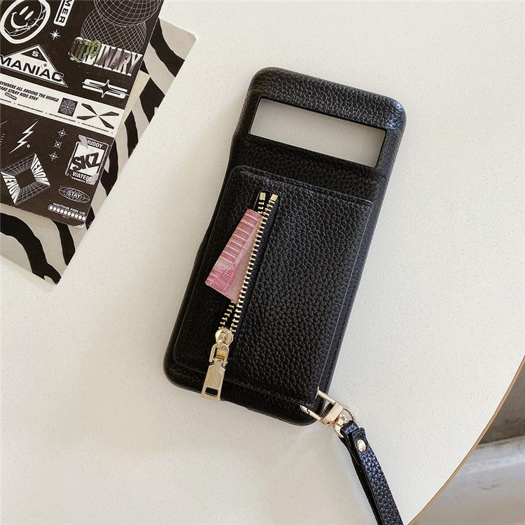 For Google Pixel 8 Pro Case Card Slots Kickstand PU Leather Back Cover with Zipper Pocket, Wrist Strap - Black