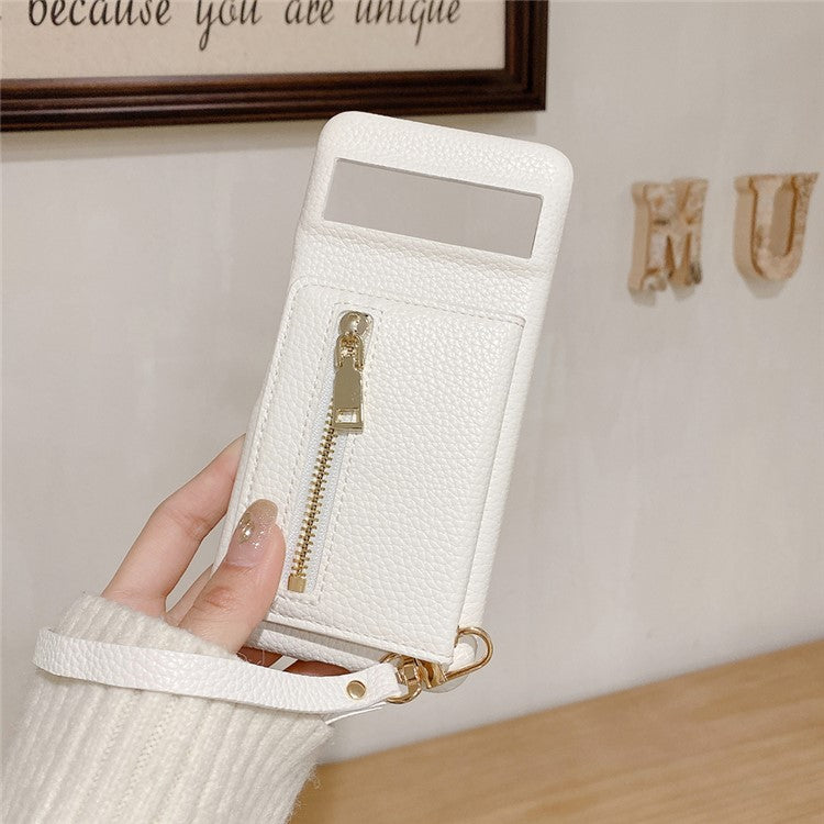 For Google Pixel 8 Case Card Slots Kickstand PU Leather Back Cover with Zipper Pocket, Wrist Strap - White