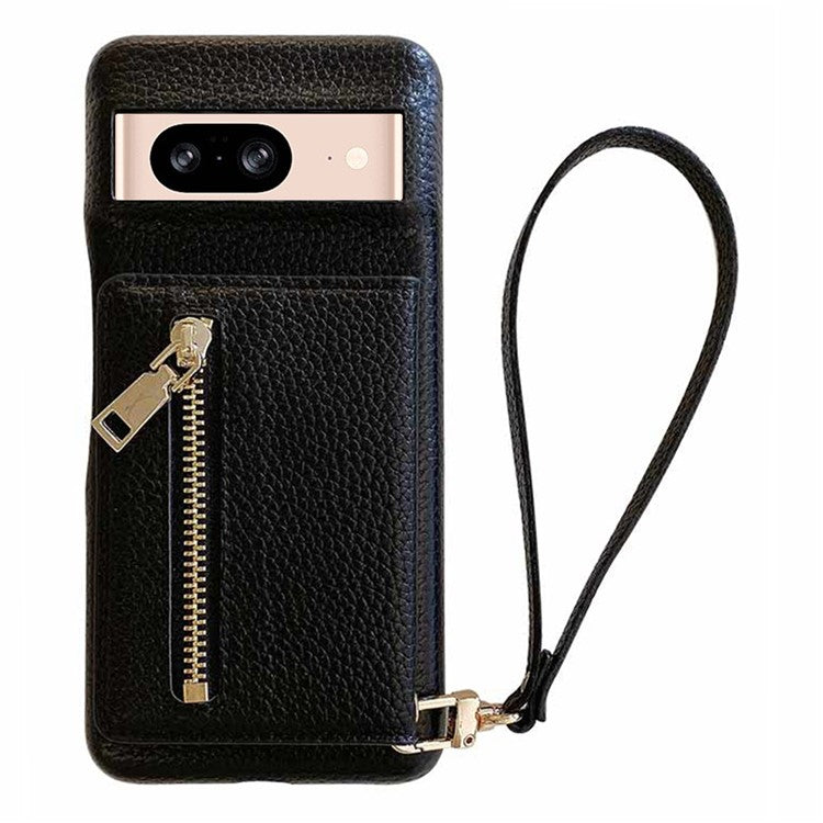 For Google Pixel 8 Case Card Slots Kickstand PU Leather Back Cover with Zipper Pocket, Wrist Strap - Black