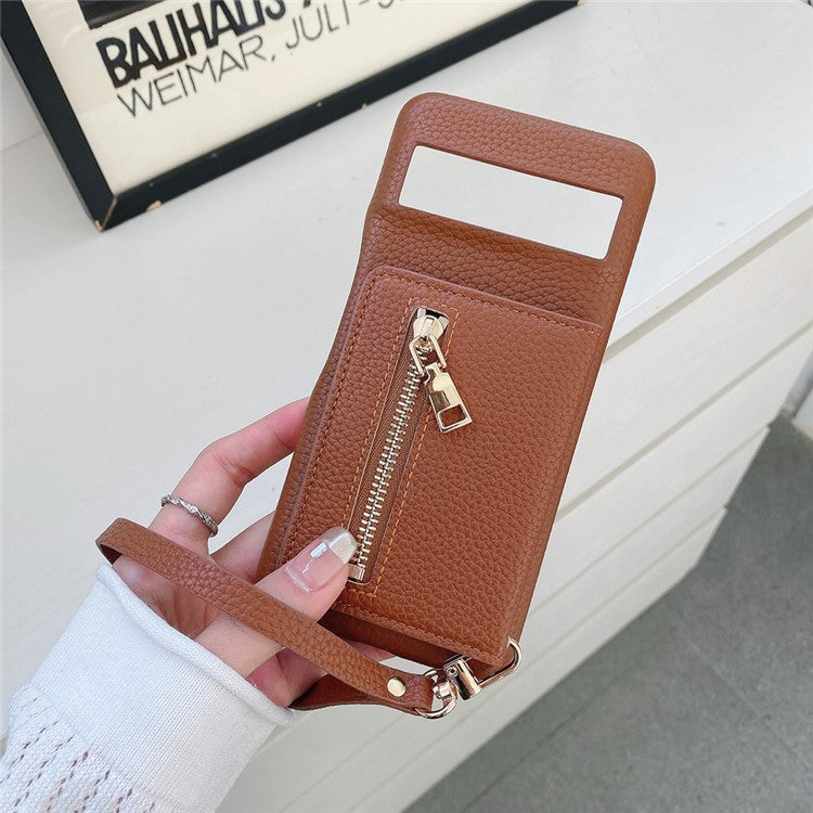 For Google Pixel 8 Case Card Slots Kickstand PU Leather Back Cover with Zipper Pocket, Wrist Strap - Dark Brown