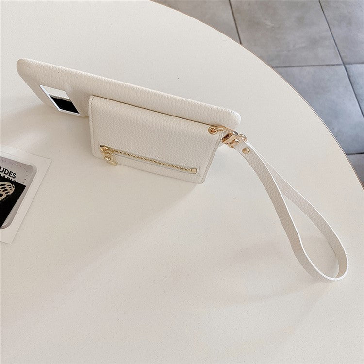 For Google Pixel 8a Case Card Slots Kickstand PU Leather Back Cover with Zipper Pocket, Wrist Strap - White