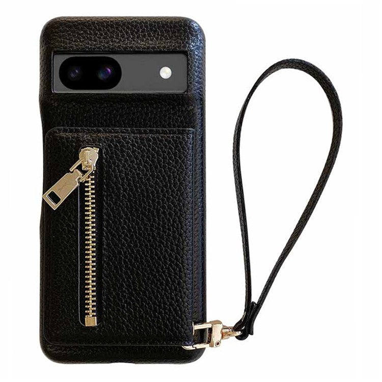 For Google Pixel 8a Case Card Slots Kickstand PU Leather Back Cover with Zipper Pocket, Wrist Strap - Black