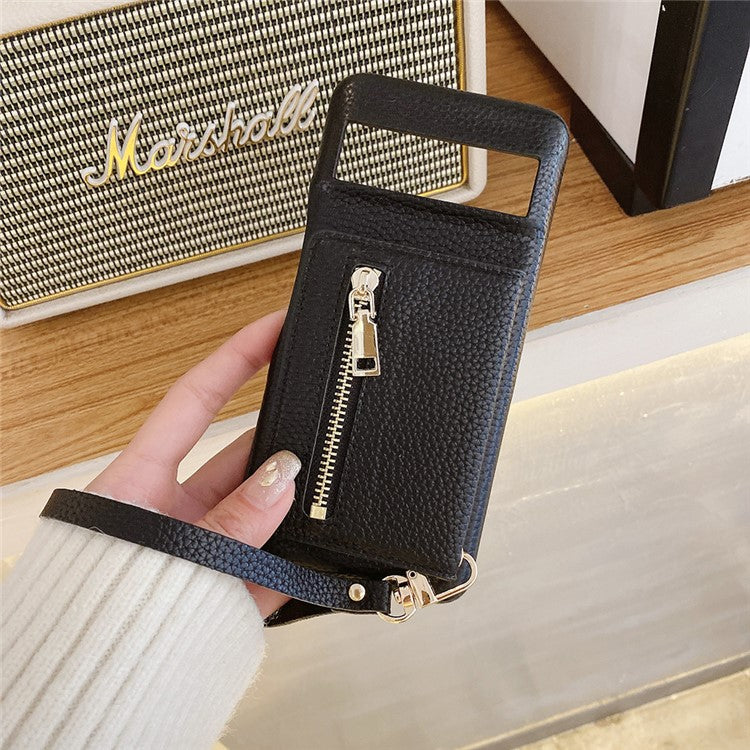 For Google Pixel 8a Case Card Slots Kickstand PU Leather Back Cover with Zipper Pocket, Wrist Strap - Black