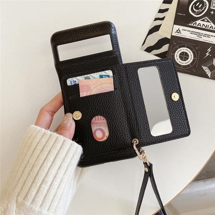 For Google Pixel 8a Case Card Slots Kickstand PU Leather Back Cover with Zipper Pocket, Wrist Strap - Black