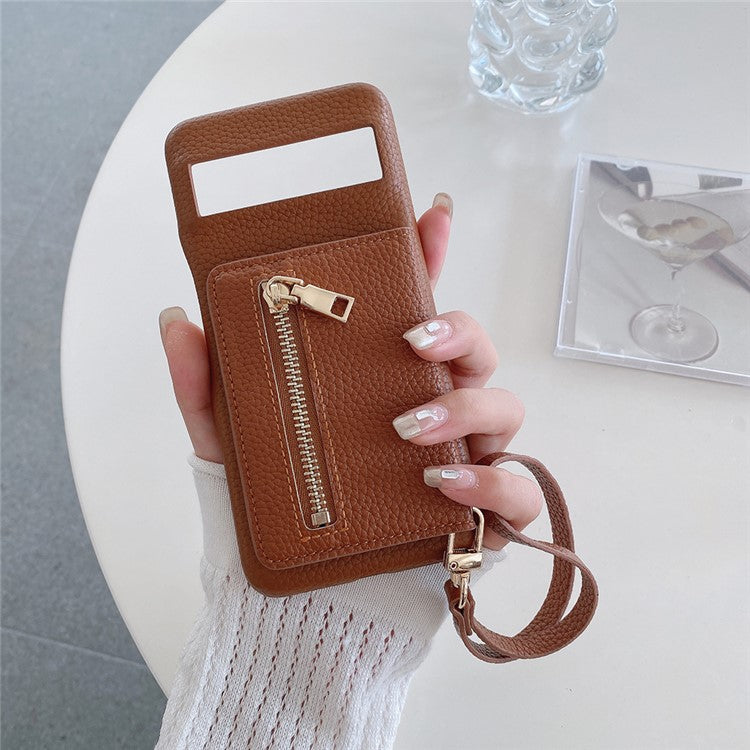 For Google Pixel 8a Case Card Slots Kickstand PU Leather Back Cover with Zipper Pocket, Wrist Strap - Dark Brown