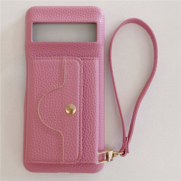 For Google Pixel 8 Case Mirror Design PU Leather Back Cover with Card Slots, Wrist Strap - Pink