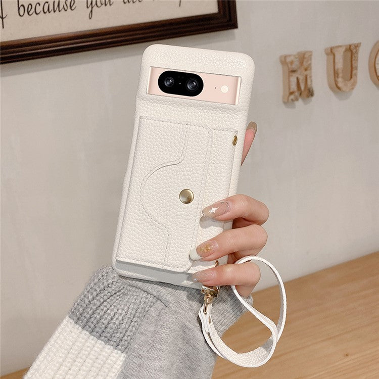 For Google Pixel 8 Case Mirror Design PU Leather Back Cover with Card Slots, Wrist Strap - White