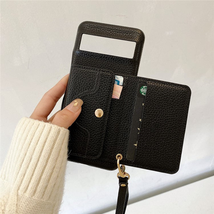 For Google Pixel 8 Case Mirror Design PU Leather Back Cover with Card Slots, Wrist Strap - Black