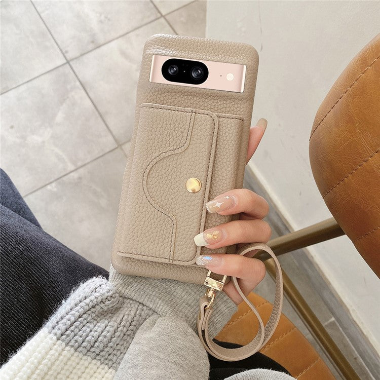 For Google Pixel 8 Case Mirror Design PU Leather Back Cover with Card Slots, Wrist Strap - Grey