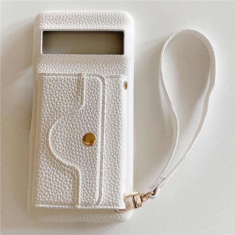 For Google Pixel 8a Case Mirror Design PU Leather Back Cover with Card Slots, Wrist Strap - White