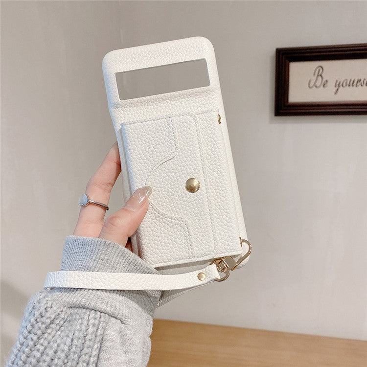 For Google Pixel 8a Case Mirror Design PU Leather Back Cover with Card Slots, Wrist Strap - White