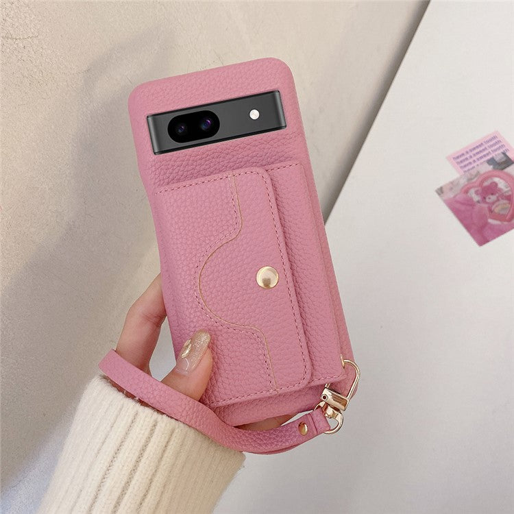 For Google Pixel 8a Case Mirror Design PU Leather Back Cover with Card Slots, Wrist Strap - Pink