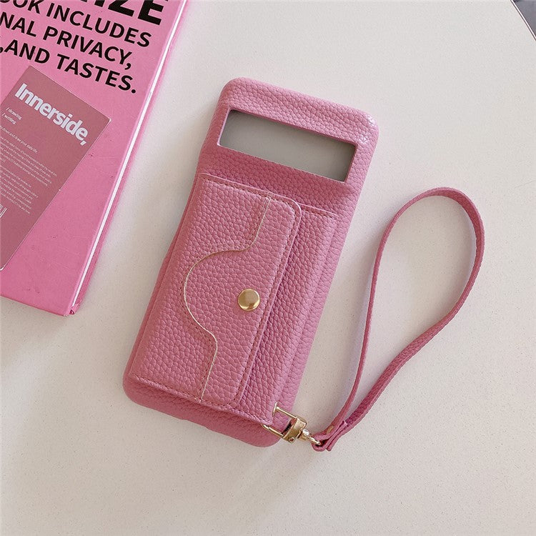 For Google Pixel 8a Case Mirror Design PU Leather Back Cover with Card Slots, Wrist Strap - Pink