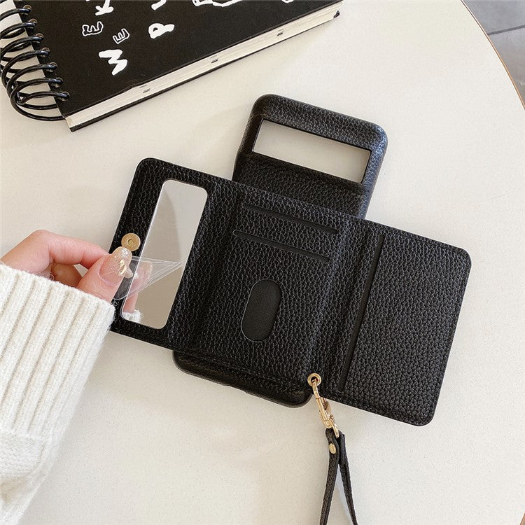For Google Pixel 8a Case Mirror Design PU Leather Back Cover with Card Slots, Wrist Strap - Black