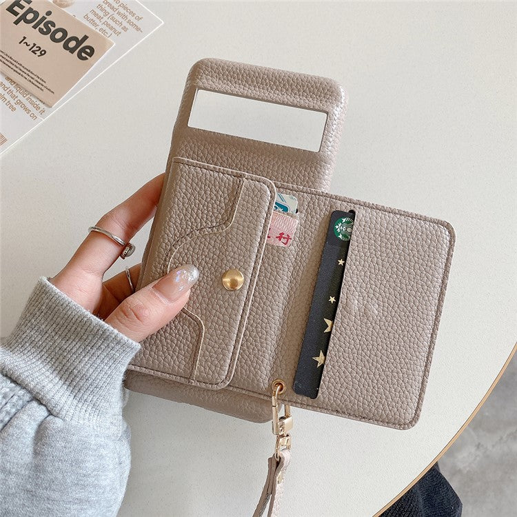 For Google Pixel 8a Case Mirror Design PU Leather Back Cover with Card Slots, Wrist Strap - Grey
