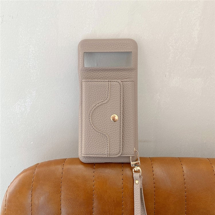 For Google Pixel 8a Case Mirror Design PU Leather Back Cover with Card Slots, Wrist Strap - Grey