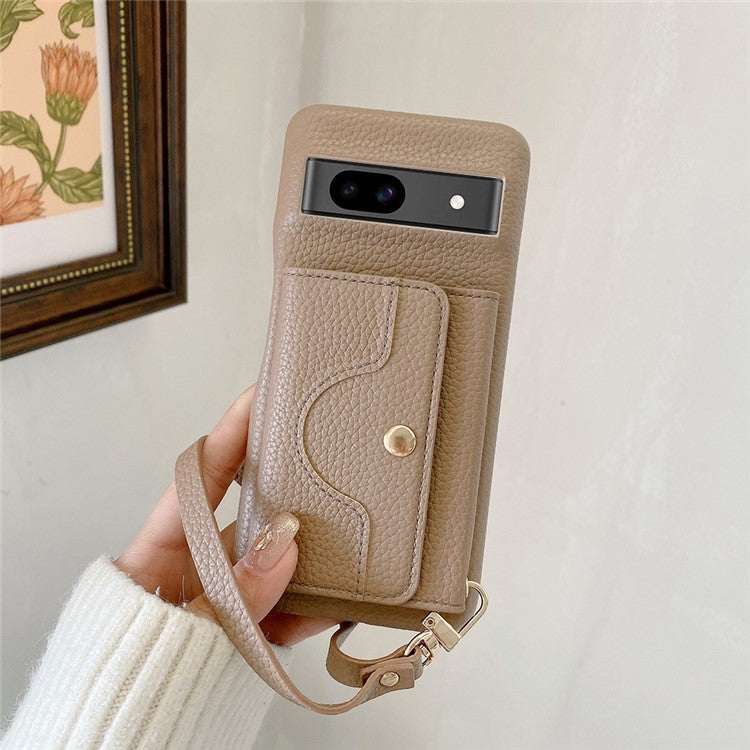 For Google Pixel 8a Case Mirror Design PU Leather Back Cover with Card Slots, Wrist Strap - Light Brown