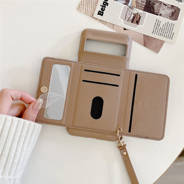For Google Pixel 8a Case Mirror Design PU Leather Back Cover with Card Slots, Wrist Strap - Light Brown