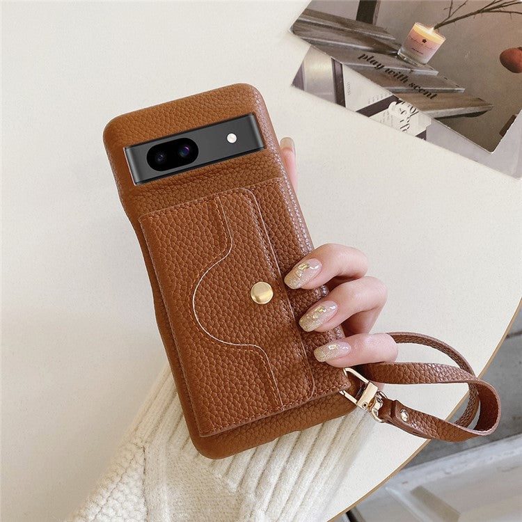 For Google Pixel 8a Case Mirror Design PU Leather Back Cover with Card Slots, Wrist Strap - Dark Brown