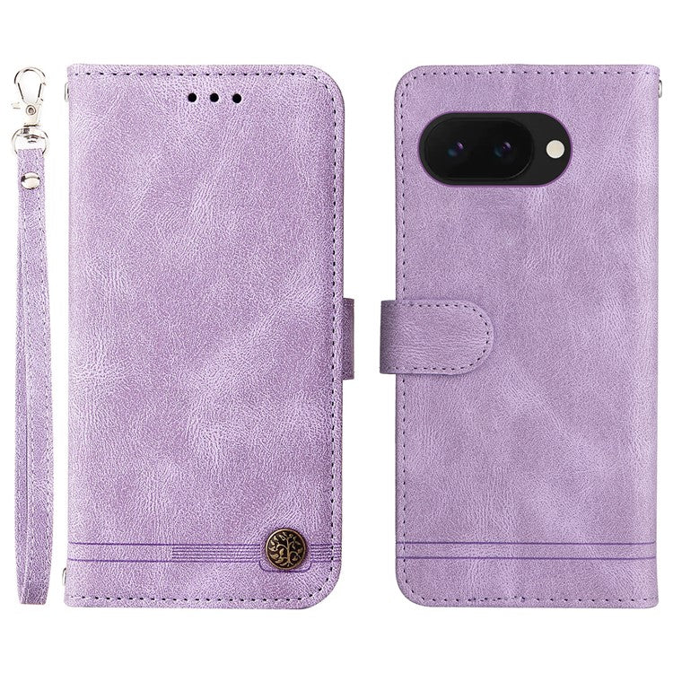For Google Pixel 9a Wallet Case Skin Touch Leather Phone Cover Tree Pattern Hardware - Purple