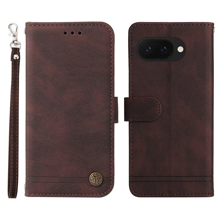For Google Pixel 9a Wallet Case Skin Touch Leather Phone Cover Tree Pattern Hardware - Brown