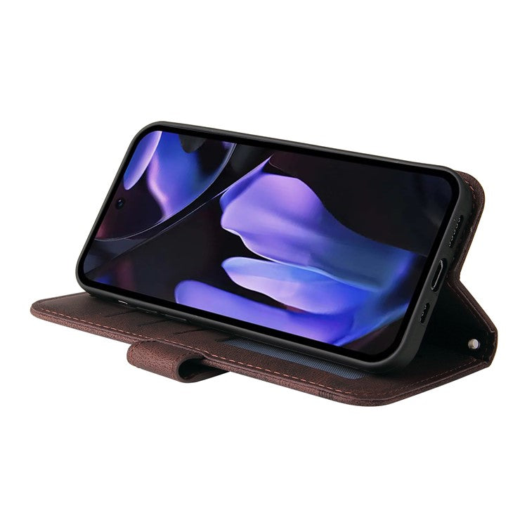 For Google Pixel 9a Wallet Case Skin Touch Leather Phone Cover Tree Pattern Hardware - Brown