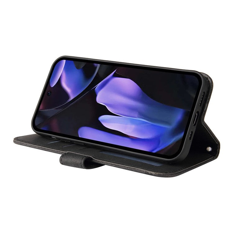 For Google Pixel 9a Wallet Case Skin Touch Leather Phone Cover Tree Pattern Hardware - Black