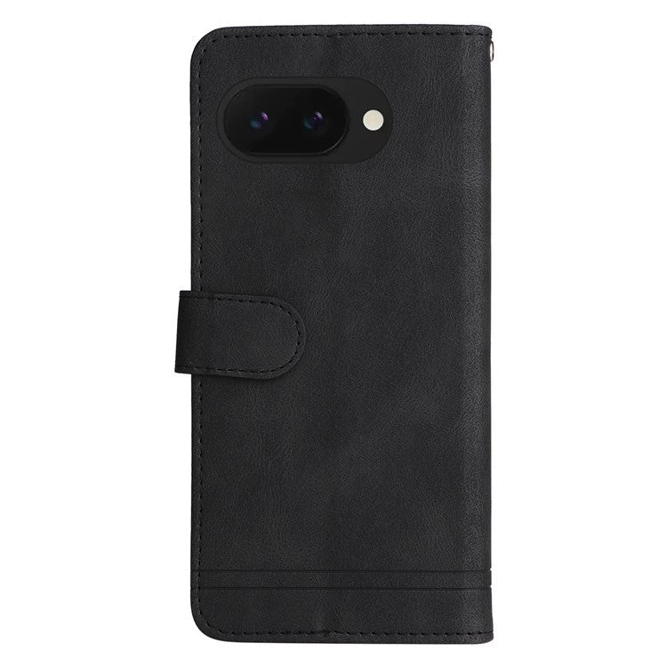 For Google Pixel 9a Wallet Case Skin Touch Leather Phone Cover Tree Pattern Hardware - Black