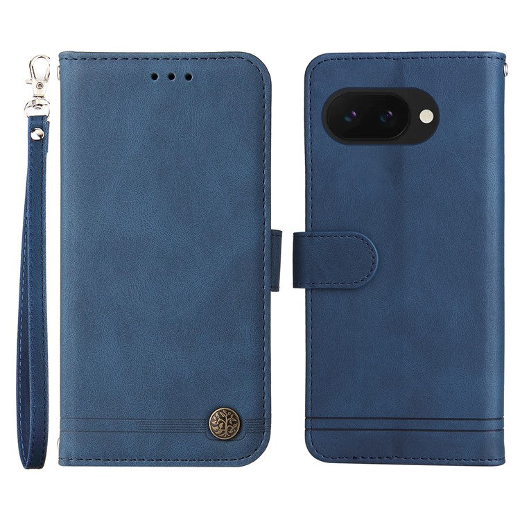 For Google Pixel 9a Wallet Case Skin Touch Leather Phone Cover Tree Pattern Hardware - Blue