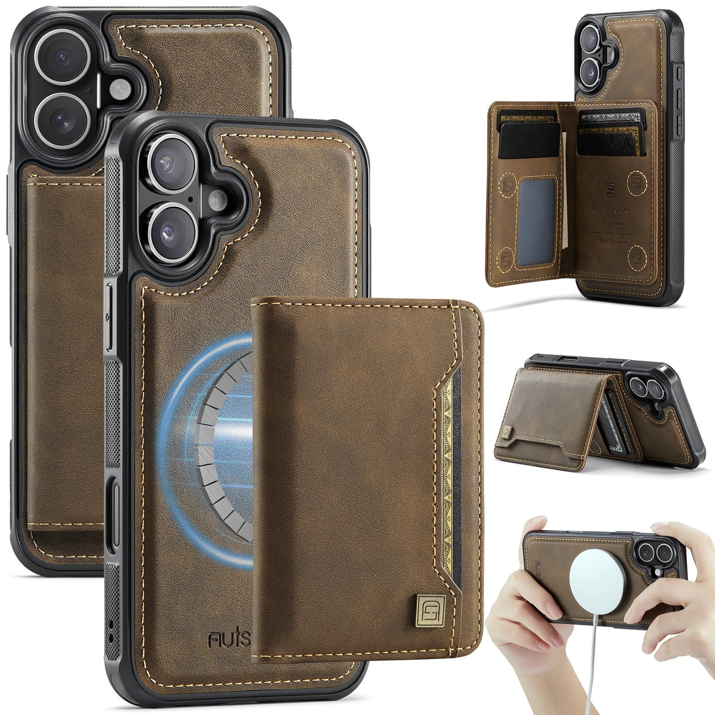 For iPhone 16 Case AUTSPACE A13 Vintage Leather Back Cover with Magnetic Detachable Card Bag - Coffee