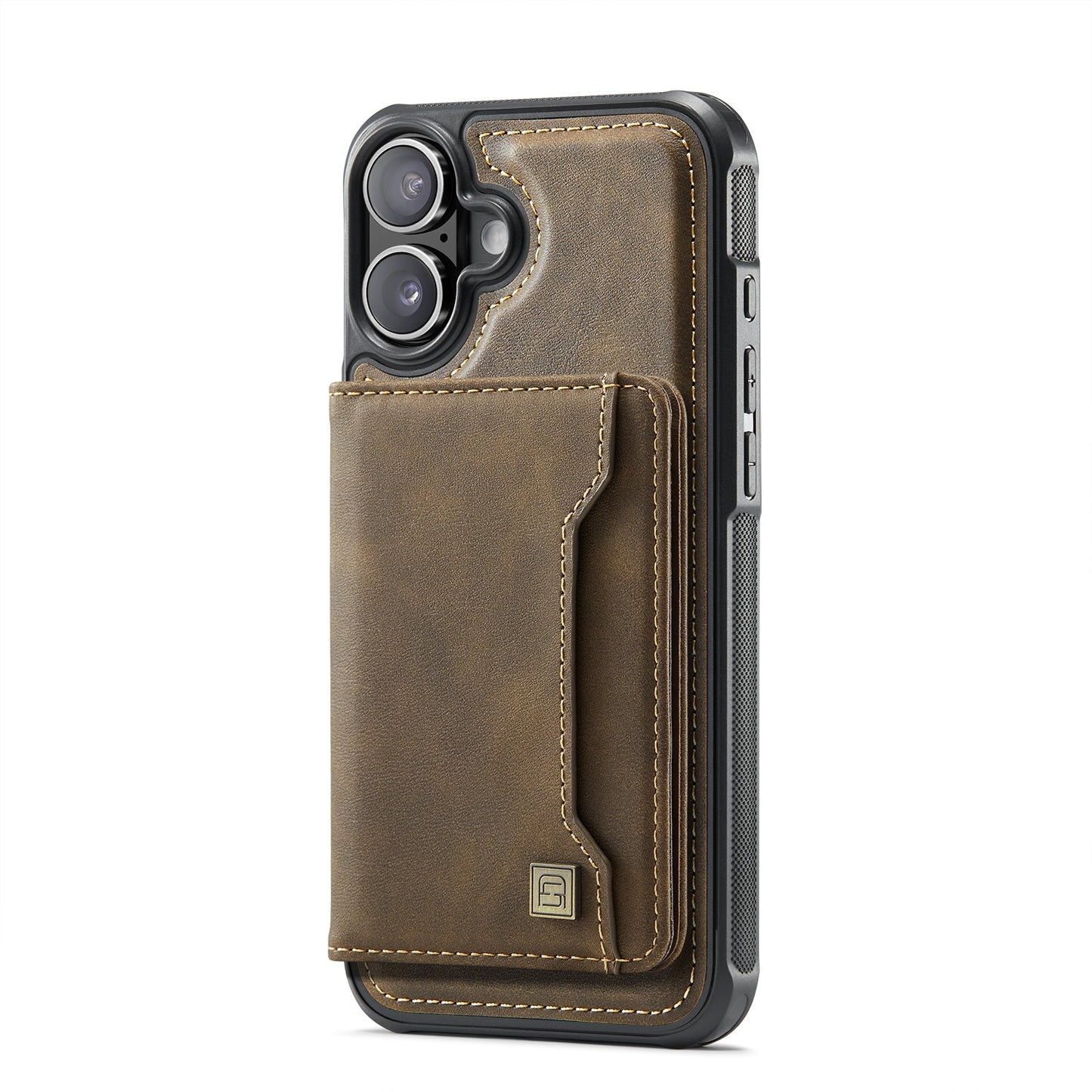 For iPhone 16 Case AUTSPACE A13 Vintage Leather Back Cover with Magnetic Detachable Card Bag - Coffee