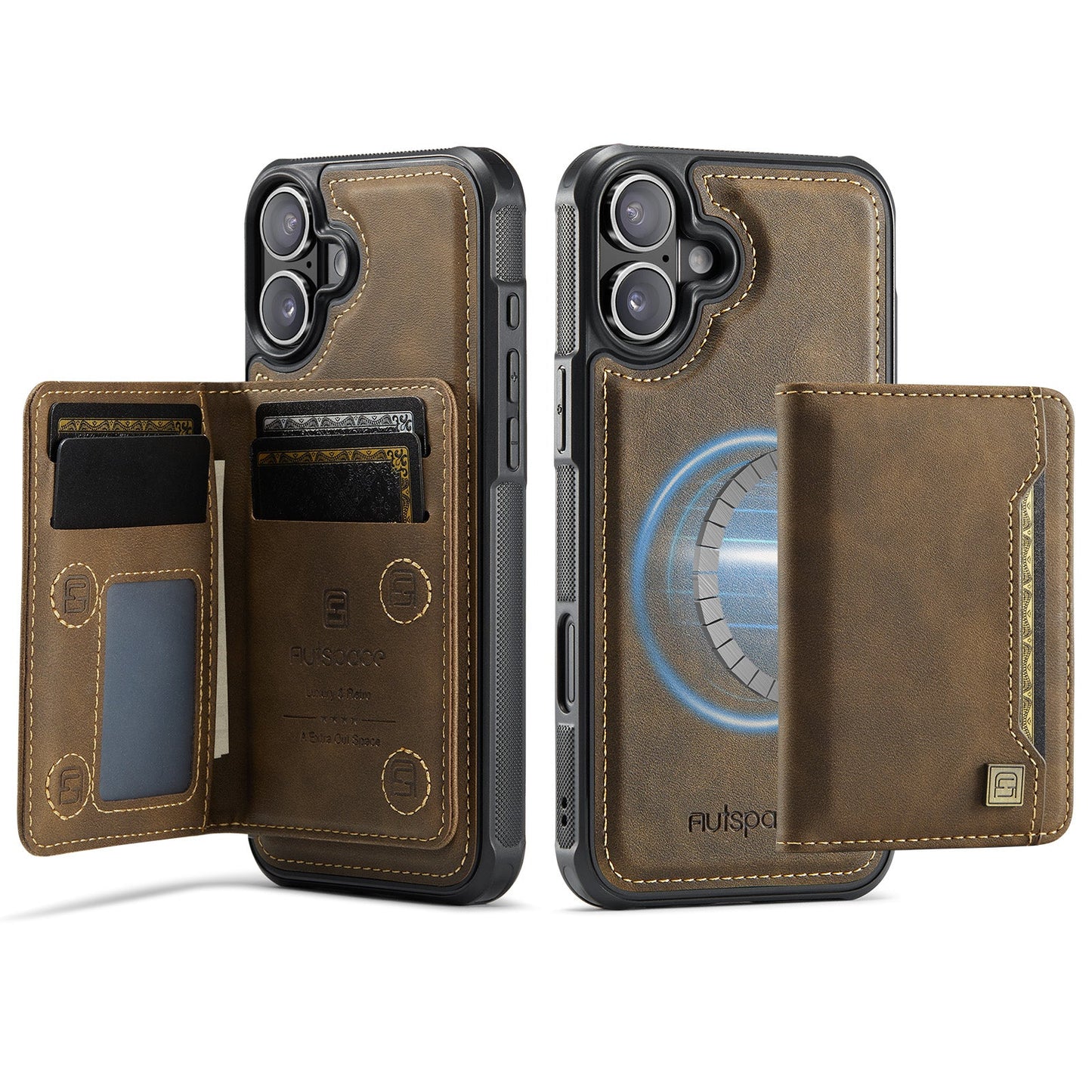 For iPhone 16 Case AUTSPACE A13 Vintage Leather Back Cover with Magnetic Detachable Card Bag - Coffee
